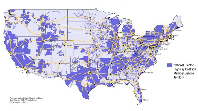 The National Electric Highway Coalition will support EV charging along major U.S. travel corridors. Here is a map of NEHC member service territories as of Dec. 7.