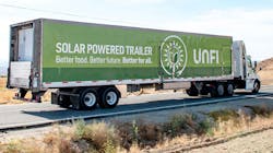 UNFI this year added 53 all-electric transport refrigerated trailer units to its truck fleet at its distribution center in Riverside, CA. Trucks feature a high-efficiency refrigeration system powered by roof-mounted solar photovoltaic panels. UNFI this year added 53 all-electric transport refrigerated trailer units to its truck fleet at its distribution center in Riverside, CA. Trucks feature a high-efficiency refrigeration system powered by roof-mounted solar photovoltaic panels.