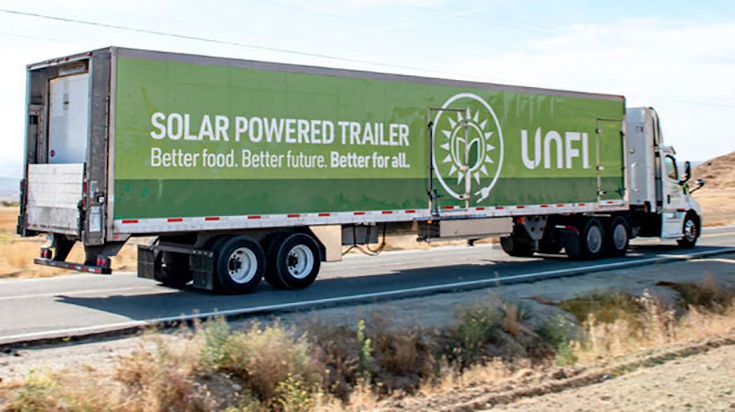 UNFI this year added 53 all-electric transport refrigerated trailer units to its truck fleet at its distribution center in Riverside, CA. Trucks feature a high-efficiency refrigeration system powered by roof-mounted solar photovoltaic panels.