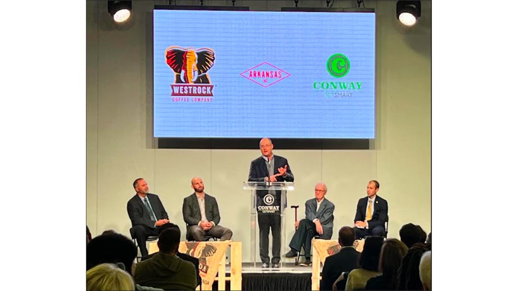 Pictured at announcement event for new Conway, AR, Westrock Coffee facility, from left, are Bart Castleberry, Conway&apos;s mayor; Will Ford, Westrock Coffee president; Scott Ford, Westrock CEO; Joe Ford, cofounder and chairman of Westrock Coffee; and Michael Preston, executive director of the Arkansas Economic Development Commission.