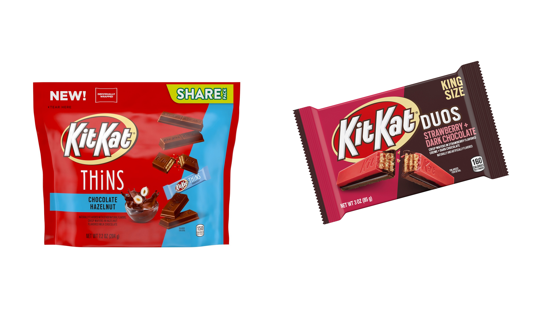 A double debut for double the delight: Kit Kat's Duos Strawberry + Dark Chocolate and THiNS Chocolate Hazelnut ship this month.