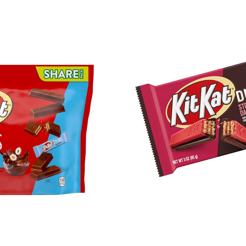 A double debut for double the delight: Kit Kat&apos;s Duos Strawberry + Dark Chocolate and THiNS Chocolate Hazelnut ship this month.