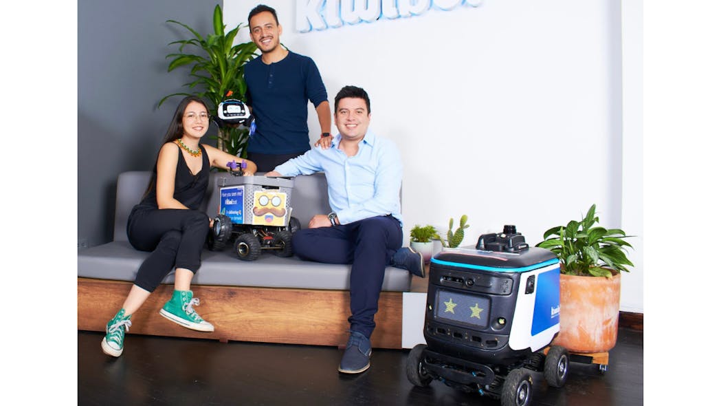 Kiwibot&apos;s executive team is pictured at company&apos;s new Miami HQ. They are, from left, manufacturing head Natalia Pinilla, chief executive Felipe Ch&aacute;vez and president Sergio Pach&oacute;n.