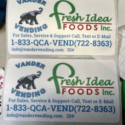 Vander Vending leverages the well-established and admired Fresh Idea Foods brand alongside its own on all of its machine stickers.