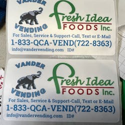 Vander Vending leverages the well-established and admired Fresh Idea Foods brand alongside its own on all of its machine stickers. Vander Vending leverages the well-established and admired Fresh Idea Foods brand alongside its own on all of its machine stickers.