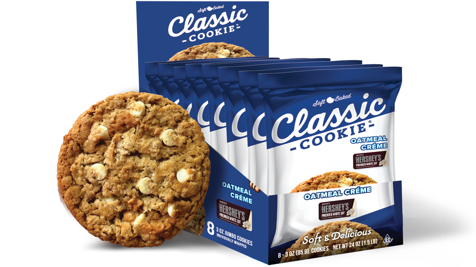 Oatmeal Créme made with Hershey’s White Chips 3oz. Soft Baked Cookie