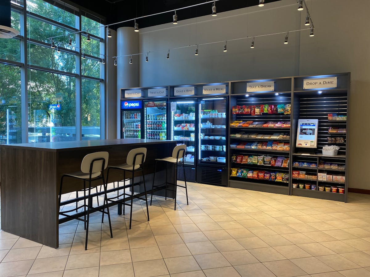 Seventh Wave has partnered with contract foodservice providers to replace corporate cafeterias shut down by the pandemic with micro markets, like the one pictured here.