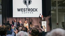 Scott Ford, co-founder and CEO of Westrock Coffee, raises a ready-to-drink can produced by Westrock Coffee to officially toast the grand opening of the company's RTD facility in Conway, Arkansas on June 13, 2024. From left, he is pictured with Will Ford, group president of operations; Joe T. Ford, co-founder and chairman; and Arkansas Gov. Sarah Huckabee Sanders. Scott Ford, co-founder and CEO of Westrock Coffee, raises a ready-to-drink can produced by Westrock Coffee to officially toast the grand opening of the company's RTD facility in Conway, Arkansas on June 13, 2024. From left, he is pictured with Will Ford, group president of operations; Joe T. Ford, co-founder and chairman; and Arkansas Gov. Sarah Huckabee Sanders.