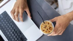 woman iced coffee laptop woman iced coffee laptop