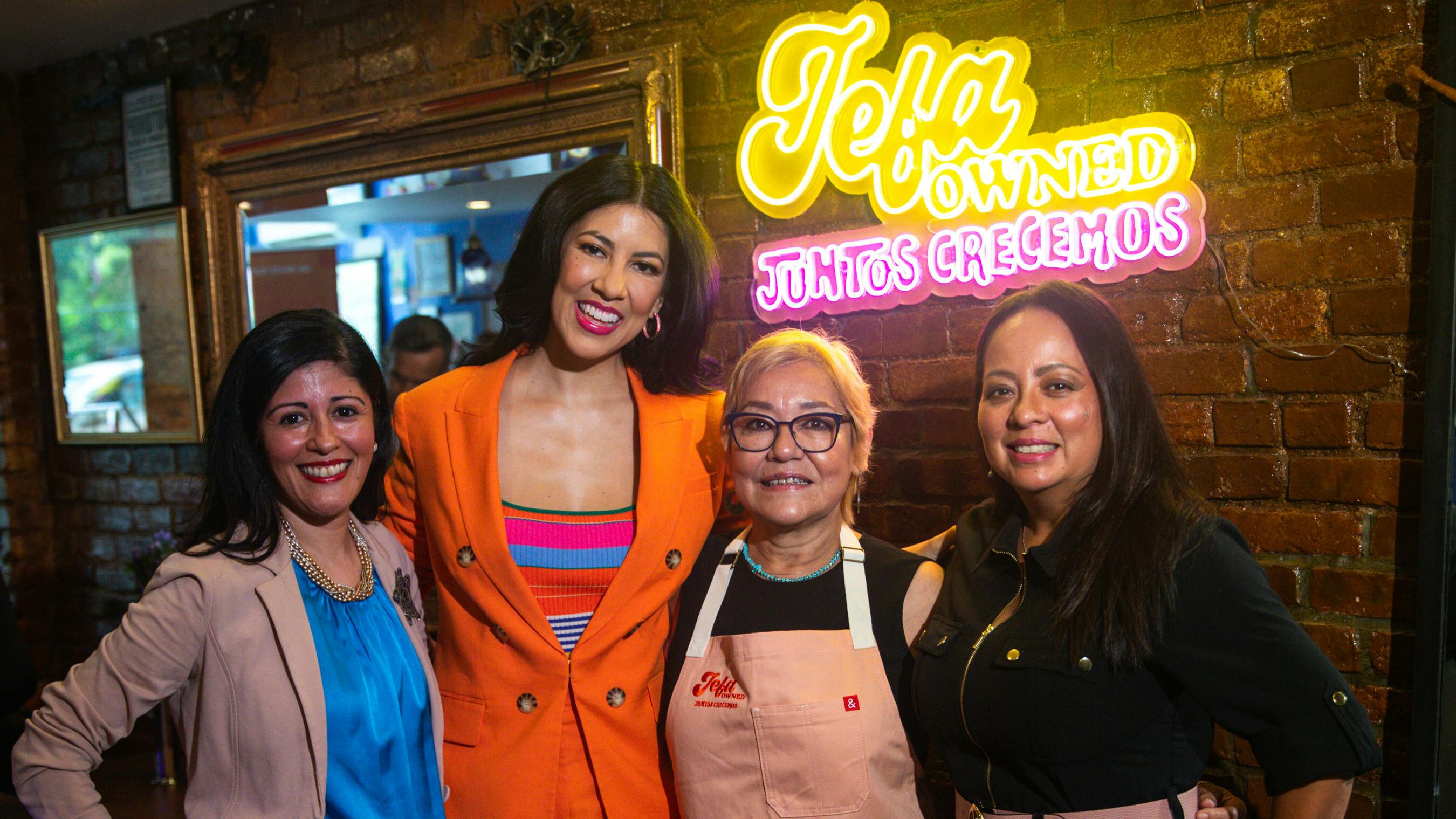 Evelyn Barahona (United States Hispanic Chamber of Commerce), Stephanie Beatriz, Maria Gonzalez (owner, Bistr&oacute; Casa Azul), and Esperanza Teasdale (PepsiCo), gather to kick off year three of the Jefa-Owned campaign.