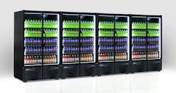 A bank of beverage refrigeration merchandisers uses lighting and strategic product grouping to entice consumers. A bank of beverage refrigeration merchandisers uses lighting and strategic product grouping to entice consumers.