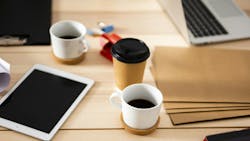 high angle office with coffee electronic devices high angle office with coffee electronic devices