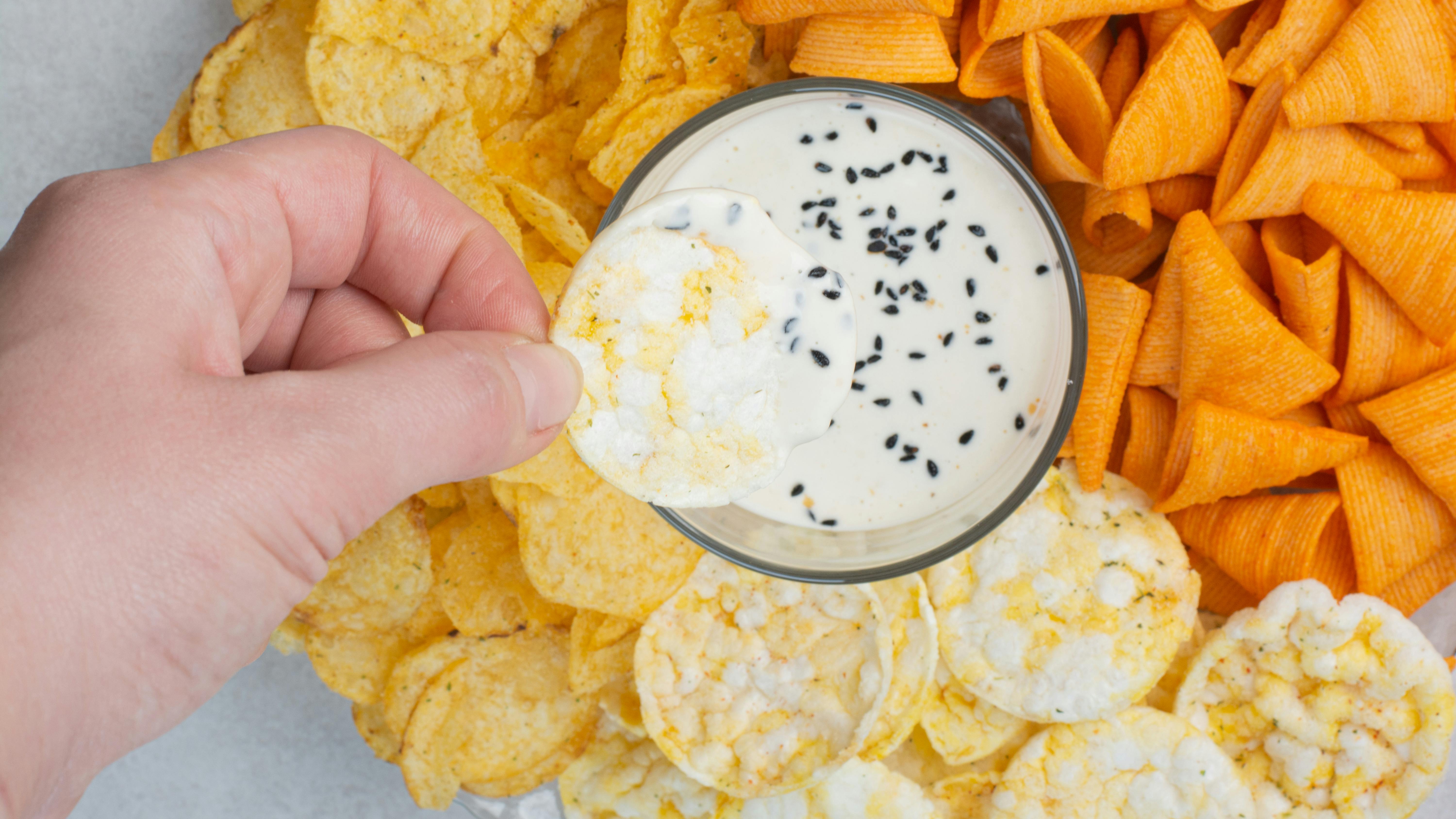 tasty crunchy potato chips sauce chia rice chips