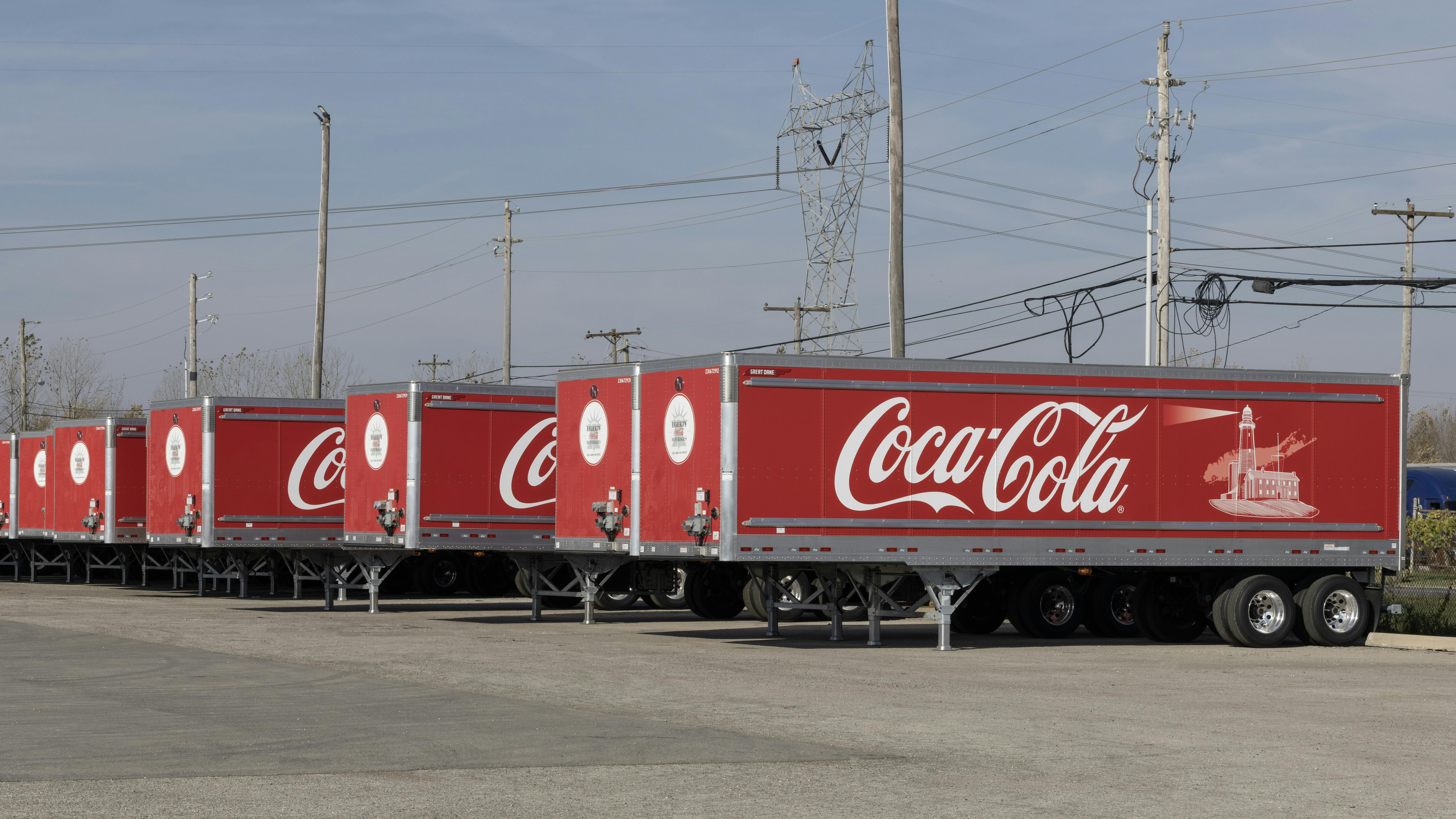 Coca-Cola delivery trailers sit outside a distribution center near Indianapolis in October 2024.
