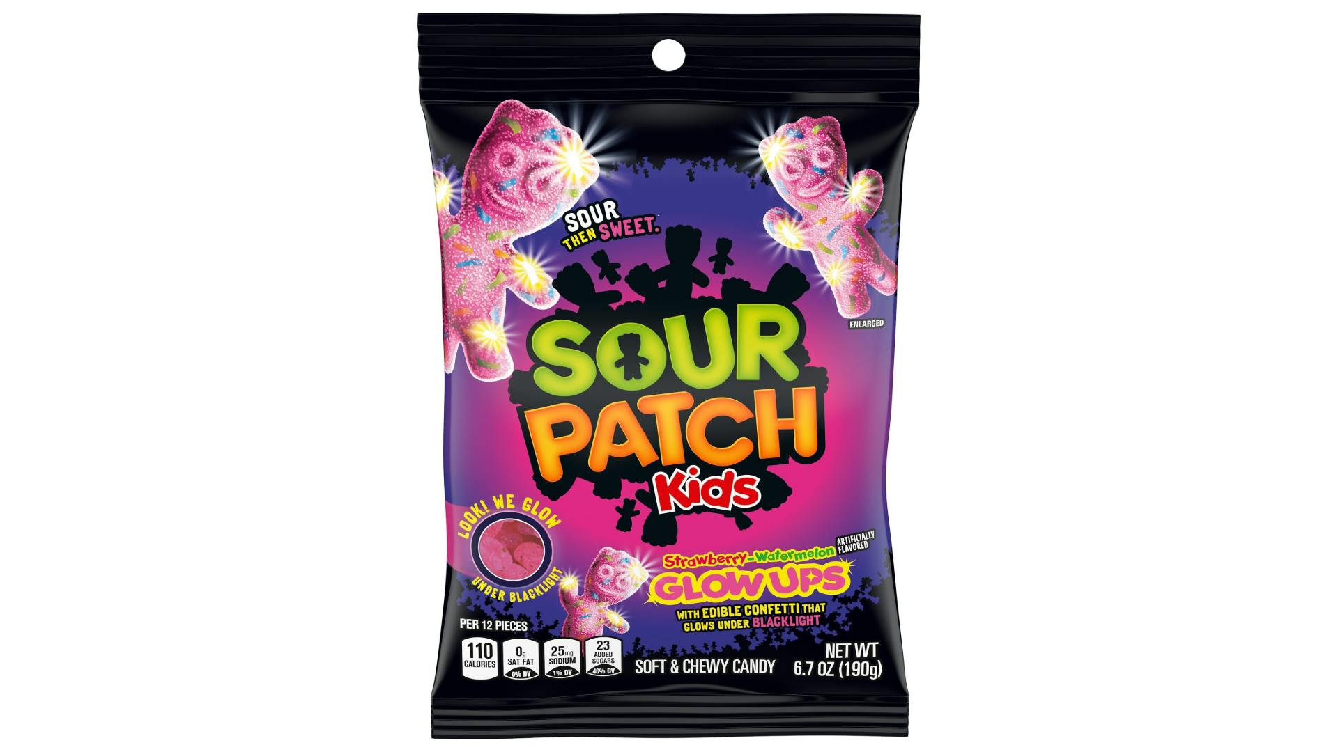 Sour Patch Kids gummy candy glows under a blacklight