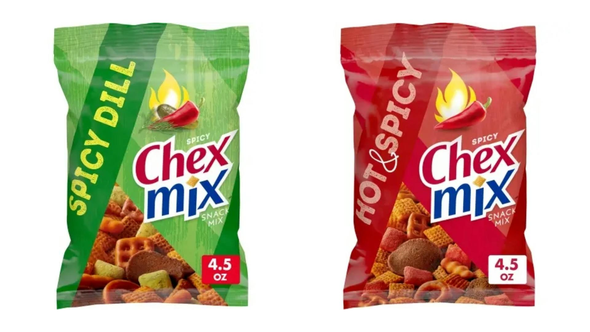 Chex Mix snack mix flavors: Spicy Dill and Hot & Spicy