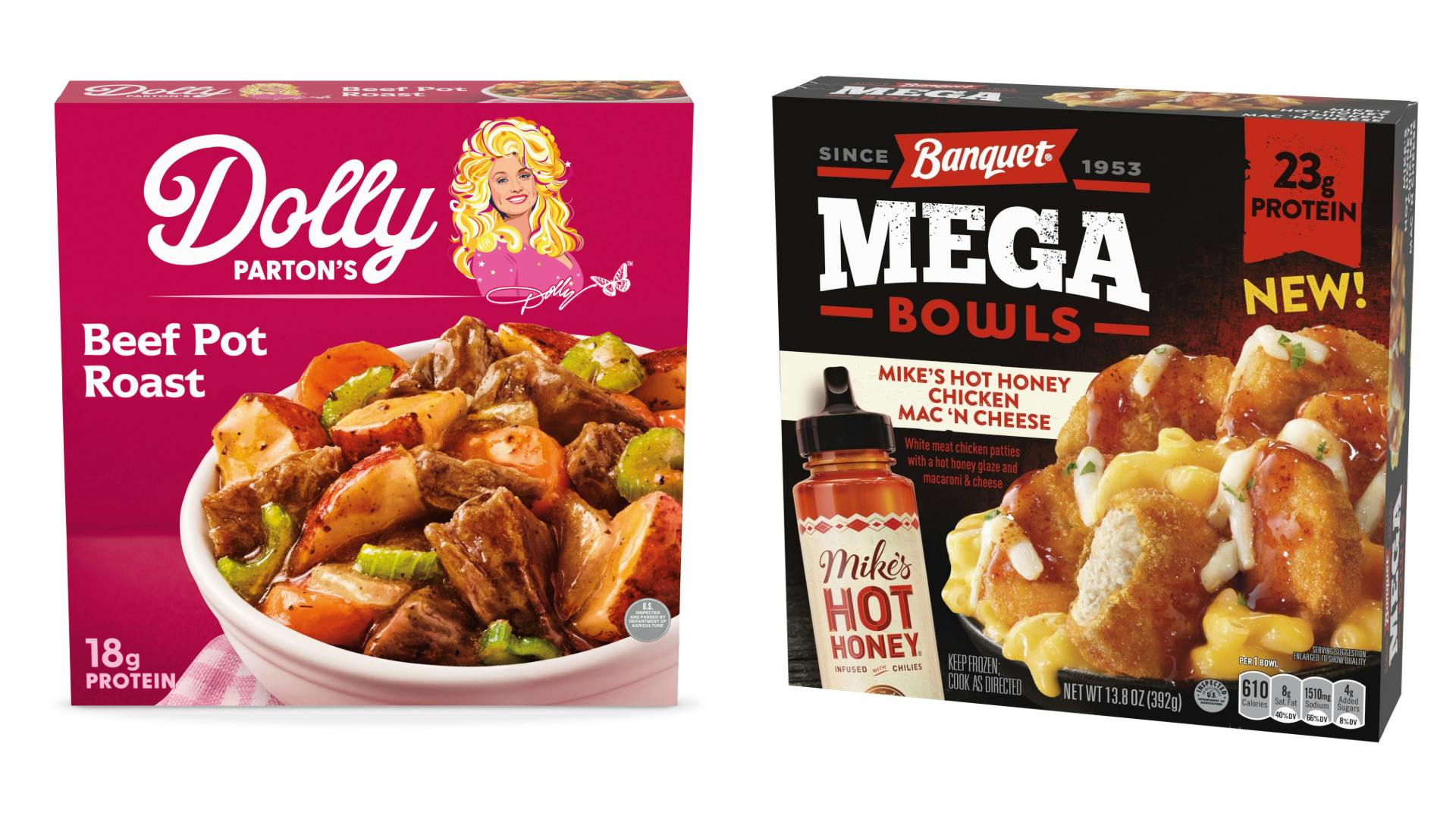 Conagra Dolly Parton's frozen meals and Banquet Mega Bowls