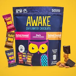 Infused with 50 mg of caffeine, Awake Chocolate Bite can serve as a pick-me-up for the mid-afternoon slump or night shifts. Infused with 50 mg of caffeine, Awake Chocolate Bite can serve as a pick-me-up for the mid-afternoon slump or night shifts.