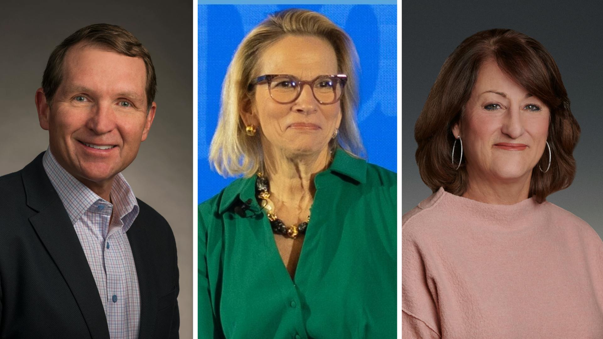 Kirk Tanner (left) will succeed Michele Buck (center) as president and CEO of Hershey&rsquo;s. Gail Hollander (right) will retire from Smuckers.