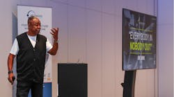 René Carayol MBE, an executive coach, addresses team members at Compass Group UK & Ireland during the keynote session about driving inclusion and motivating staff toward shared goals. René Carayol MBE, an executive coach, addresses team members at Compass Group UK & Ireland during the keynote session about driving inclusion and motivating staff toward shared goals.