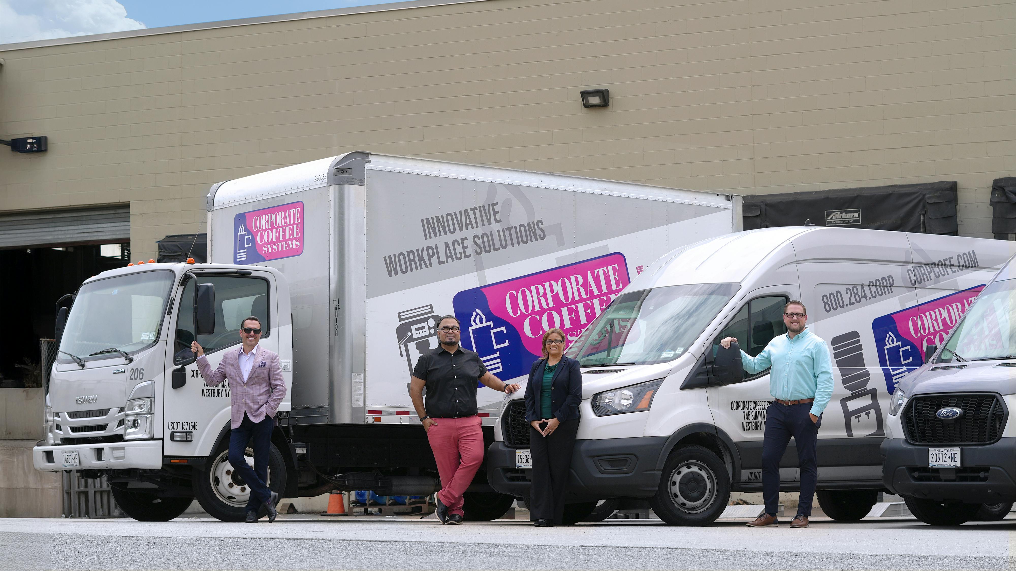 At Corporate Coffee Systems, the team puts clients first &mdash;delivering seamless service and exceptional customer care, every time. Pictured left to right: President and CEO David Henchel; Creative Marketing Manager Edward Luti; Director of Human Resources Elizabeth Stone; Director of Operations Bryant DeFranco.