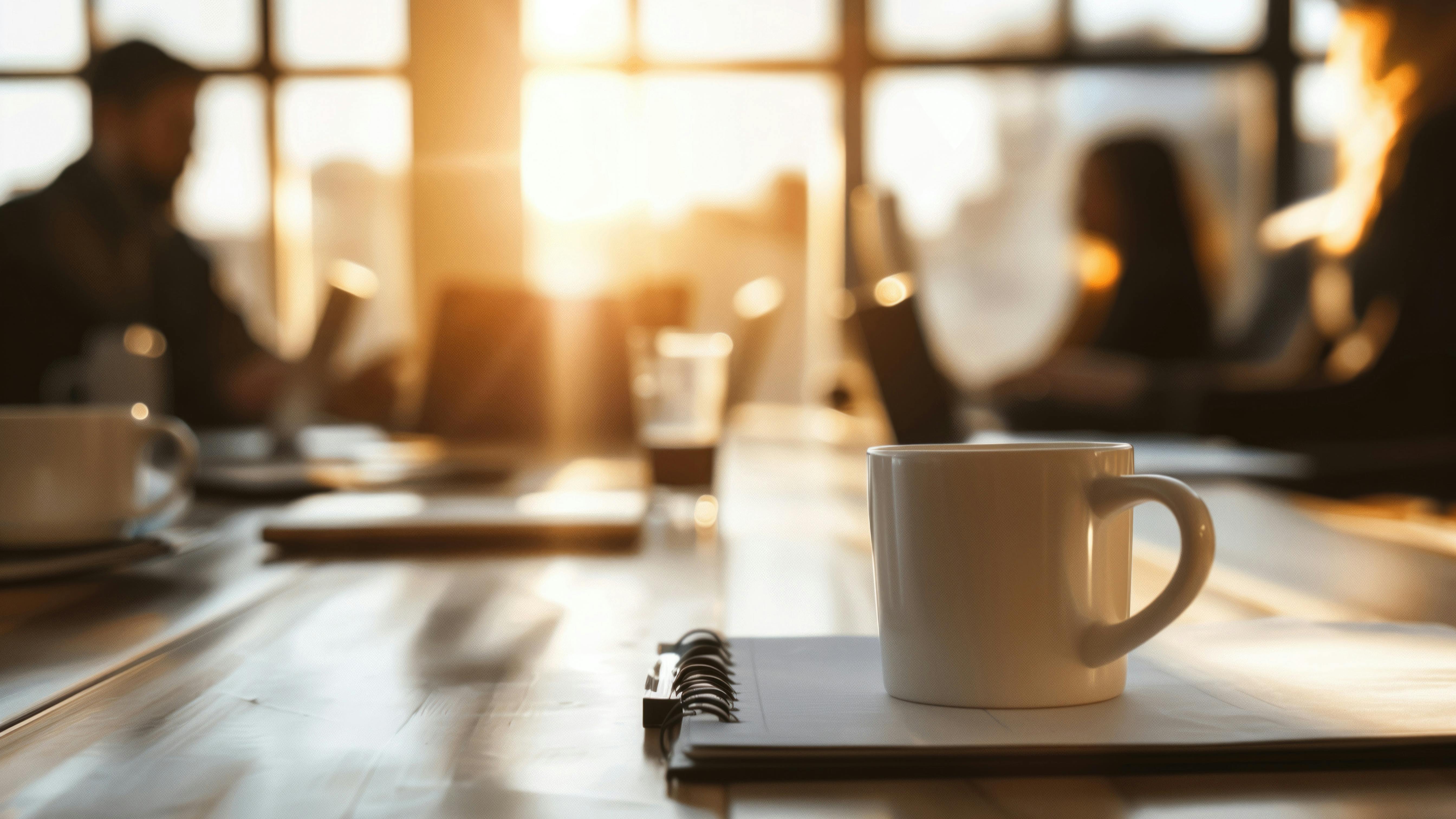 coffee forefront, meeting in background