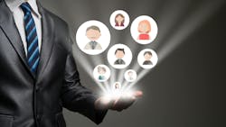 Businessman pointing digital peopl network connection icons on his hand. Businessman pointing digital peopl network connection icons on his hand.