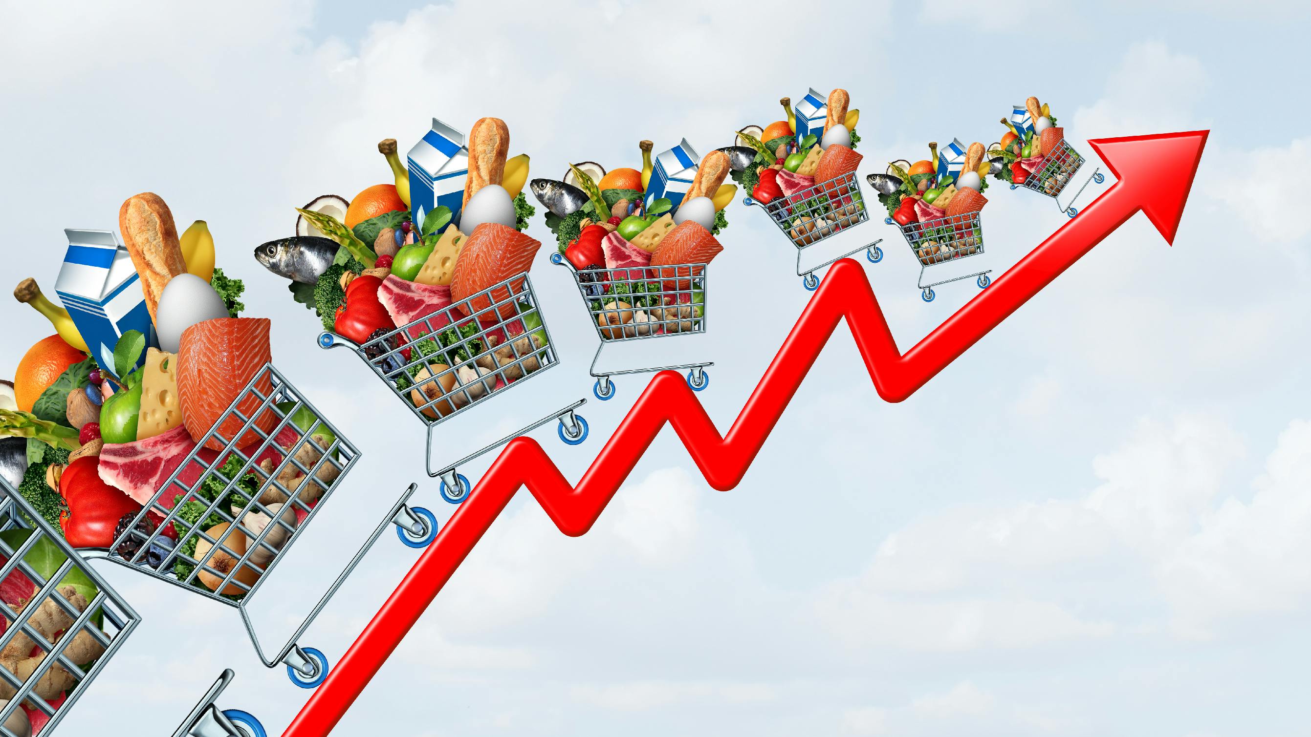 Food price increase and Soaring grocery cost and rising groceries prices and surging home budget costs of supermarket products as an inflation financial crisis