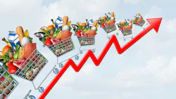 Food price increase and Soaring grocery cost and rising groceries prices and surging home budget costs of supermarket products as an inflation financial crisis