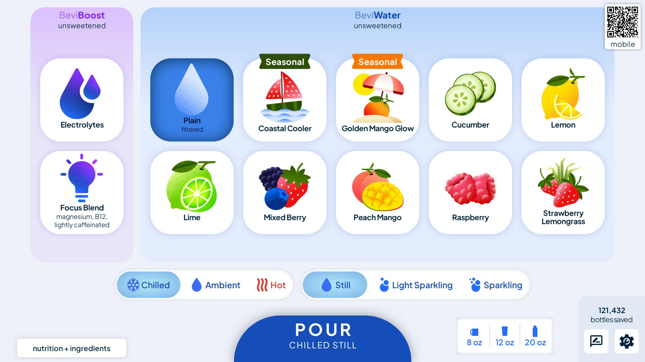 Bevi&rsquo;s new layout (shown) makes plain water easier to find and moves temperature and carbonation controls closer to the pour button.